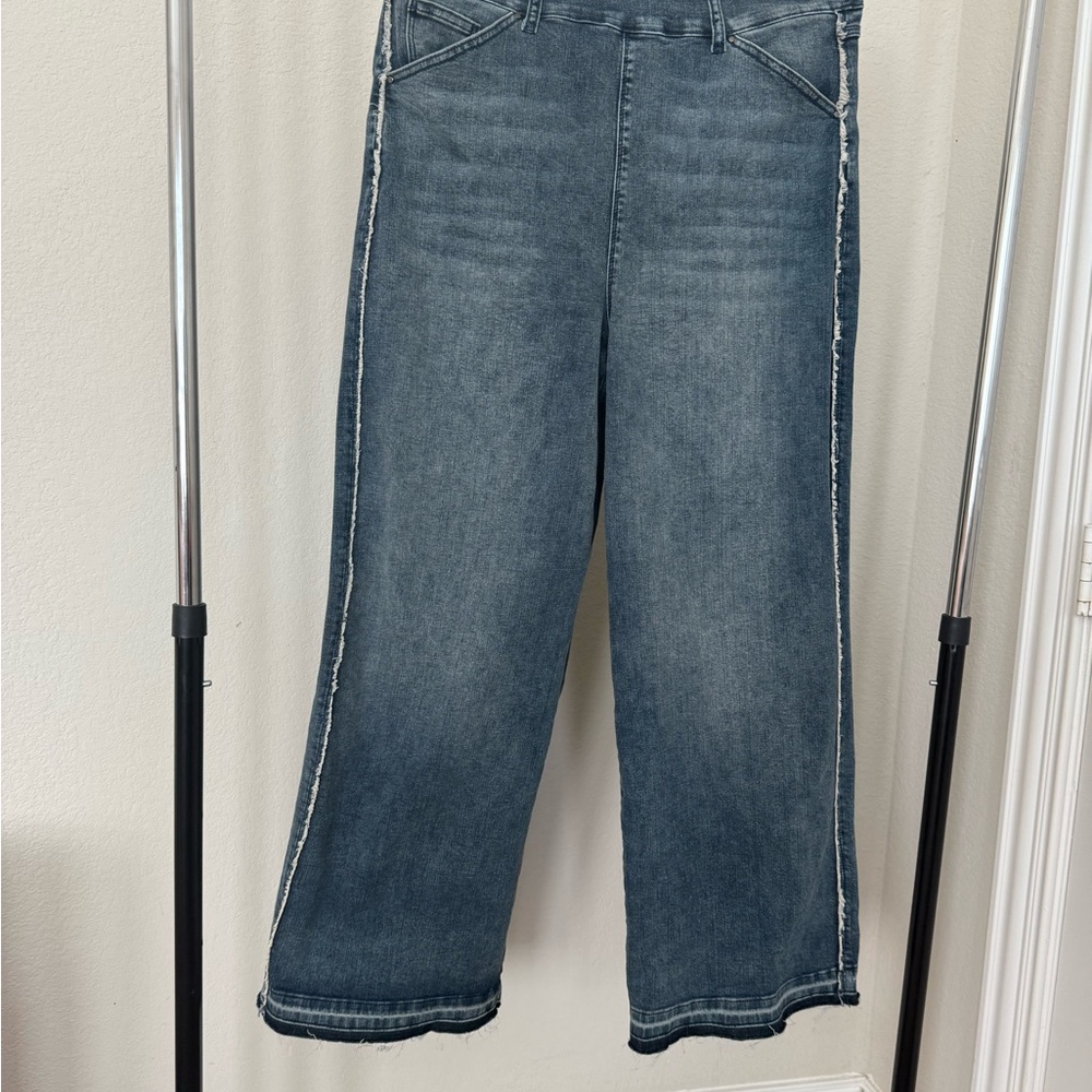 Lysse Denim Flare Jeans with Contrast Stitching and Fringed Hems
